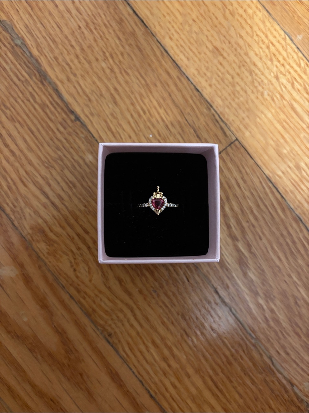 Pandora Gold Ring with Heart-Shaped Pink Stone and Accent Diamonds